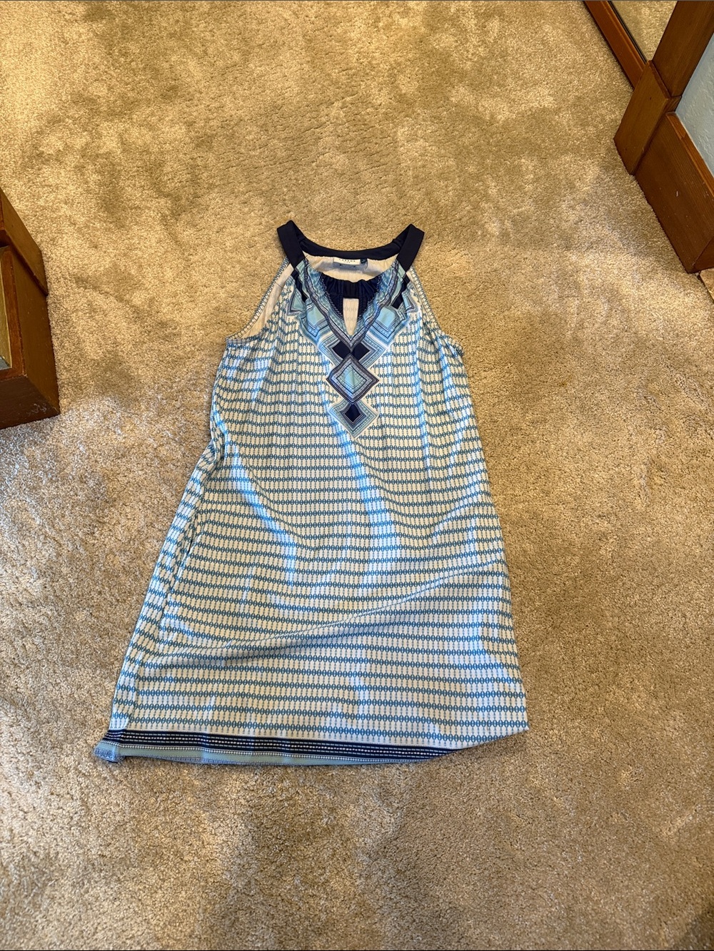 Cabana Life Sleeveless Blue Geometric Shift Dress with Embroidered Neckline